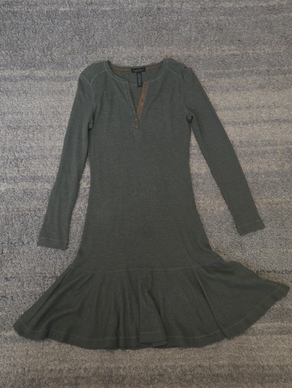 ​Lauren Ralph Lauren Olive Green Thermal Waffle Henley Dress Ruffle Hem Small S